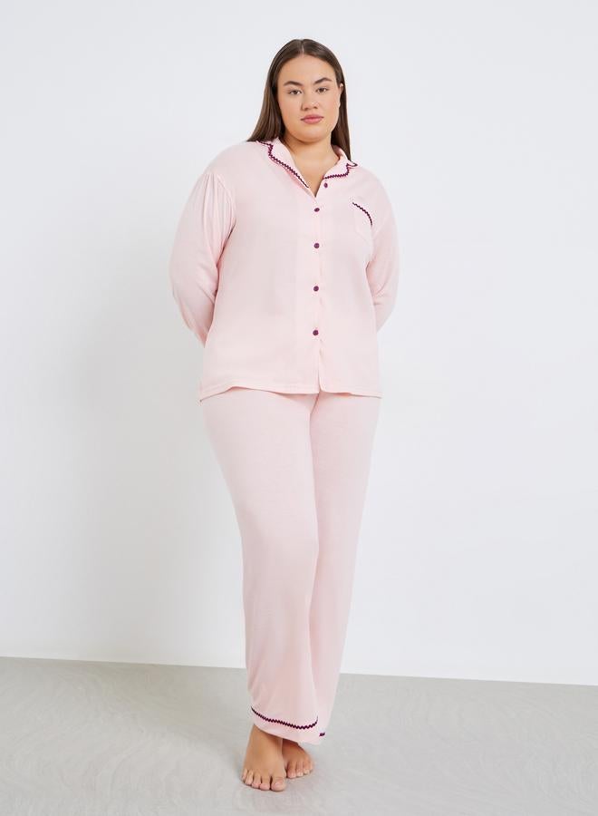Styli Plus Size Rick Rack Trim Shirt and Pyjama Set - Image 2